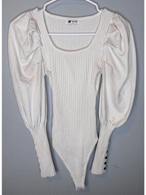 Michel Bodysuit Medium White Ribbed Puff Long Sleeve  Gold Button Viscose Blend